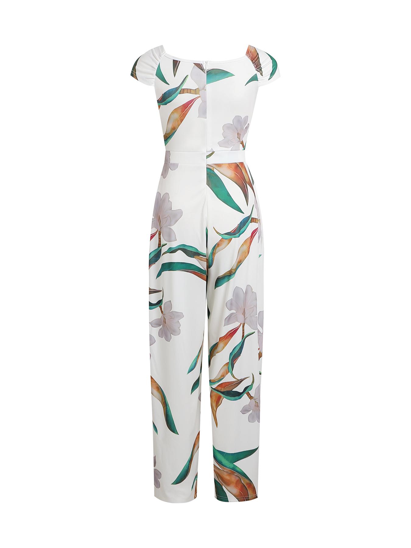 Women's Floral Print Off-Shoulder Wrap Jumpsuit, High Waist Fitted Jumpsuit, Boho Style Sexy Fashion Jumpsuit for Women