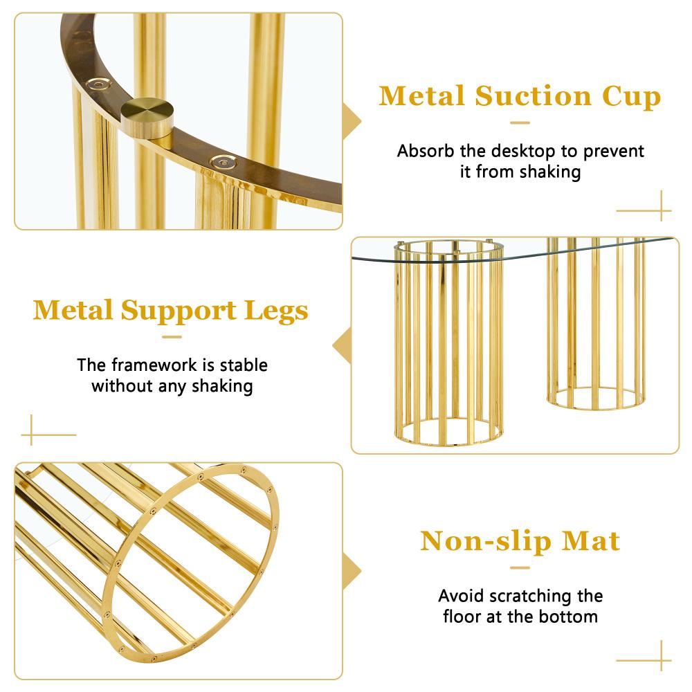 71 inch oval tempered glass dining table,black double column light luxury style,tempered glass scratch resistant and easy to clean.Suitable for 6-8 people dining, modern light luxury restaurant table.