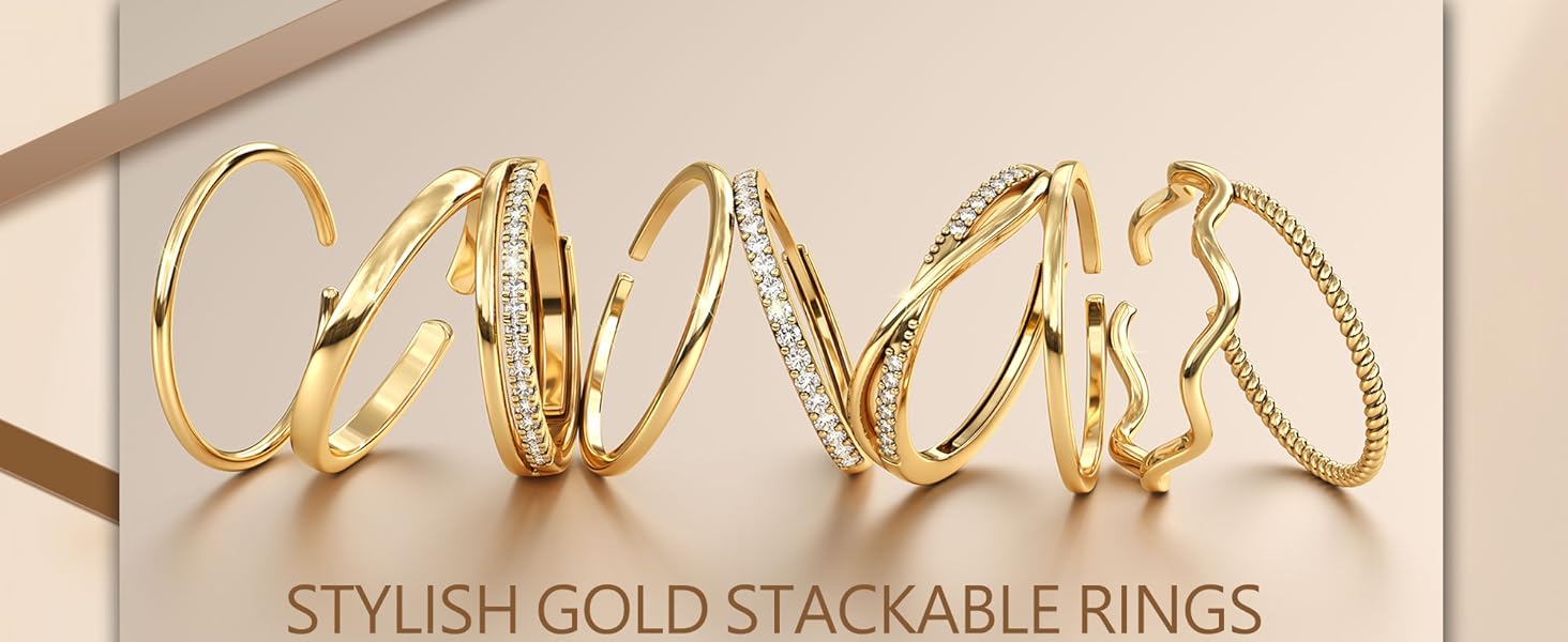 Gold Stackable Rings for Women Non Tarnish Open Adjustable Rings Cubic Zirconia Thin Thumb Silver Ring Set 14K Gold Filled Pinky Knuckle Stacking Set - Dainty Statement Promise Band Ring Sets