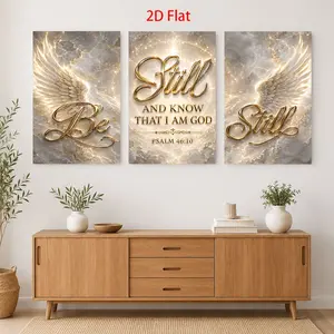 3-piece 2D flat painting - Golden text "Quietly, wait, I am God," based on < Psalm 46:10 > , paired with angel wings canvas wall art, ready to hang, home room decoration gift, suitable for Father's Day, graduation, birthday, 4th of July, back-to-sch