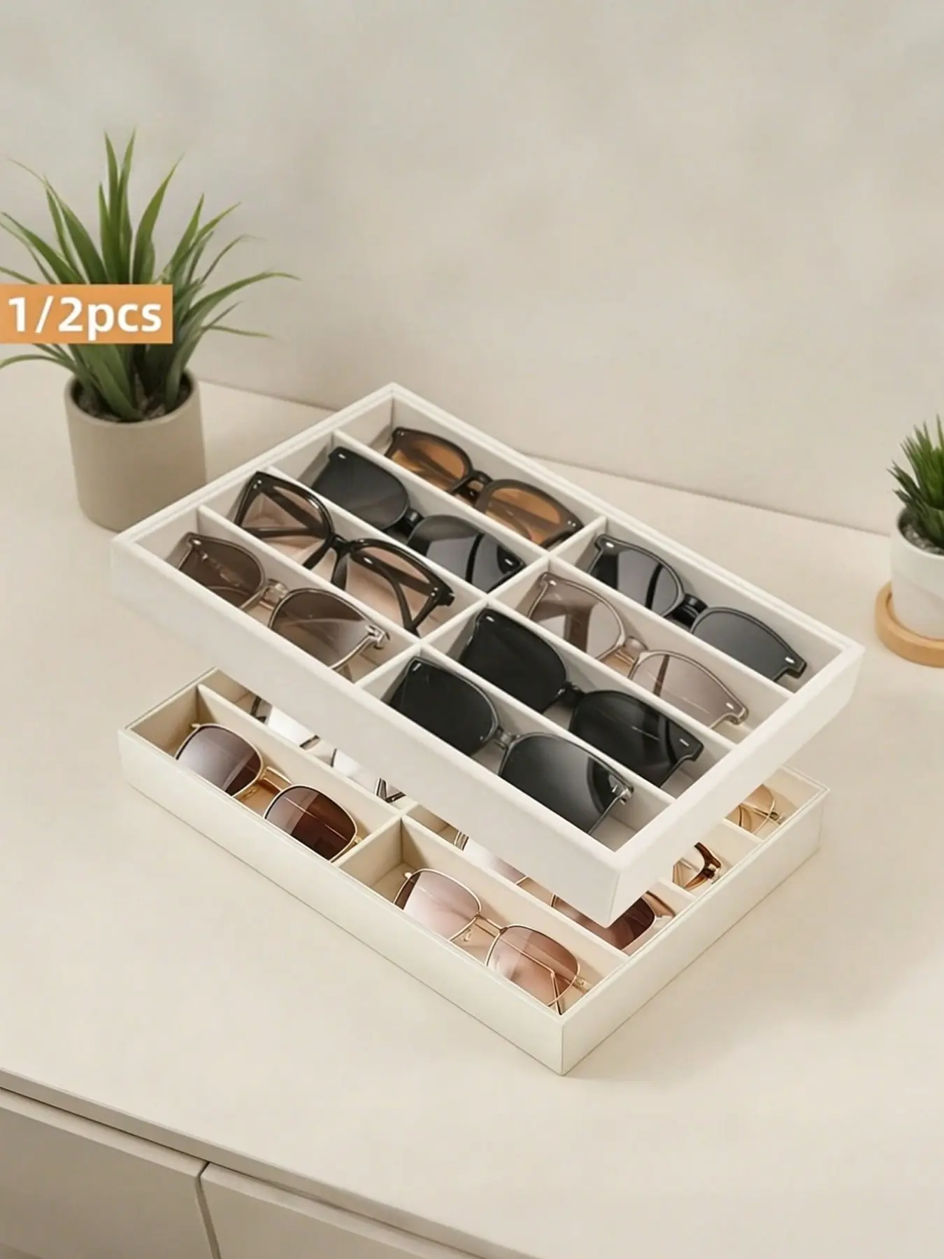 8-Compartment Fashion Eyewear Organizer, Soft Lining Anti-Scratch Sunglasses Storage Box, Stackable Drawer Organizer for Jewelry