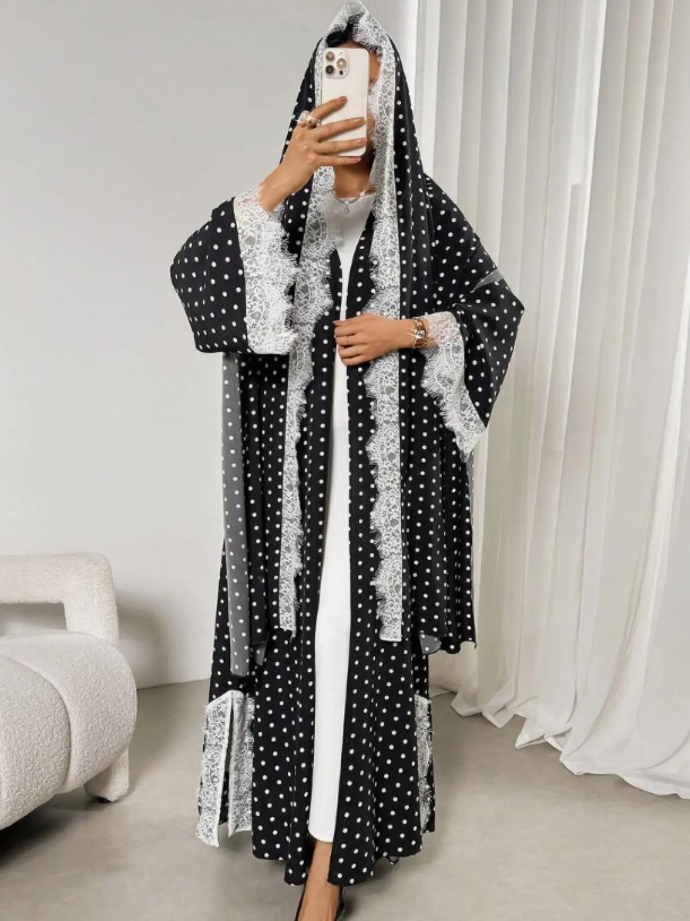 New Muslim Women Polka Dot Lace Patchwork Cardigan Abaya, Long Outer Robe + Headscarf, Casual Everyday Lace Polka Dot Two-Piece Set