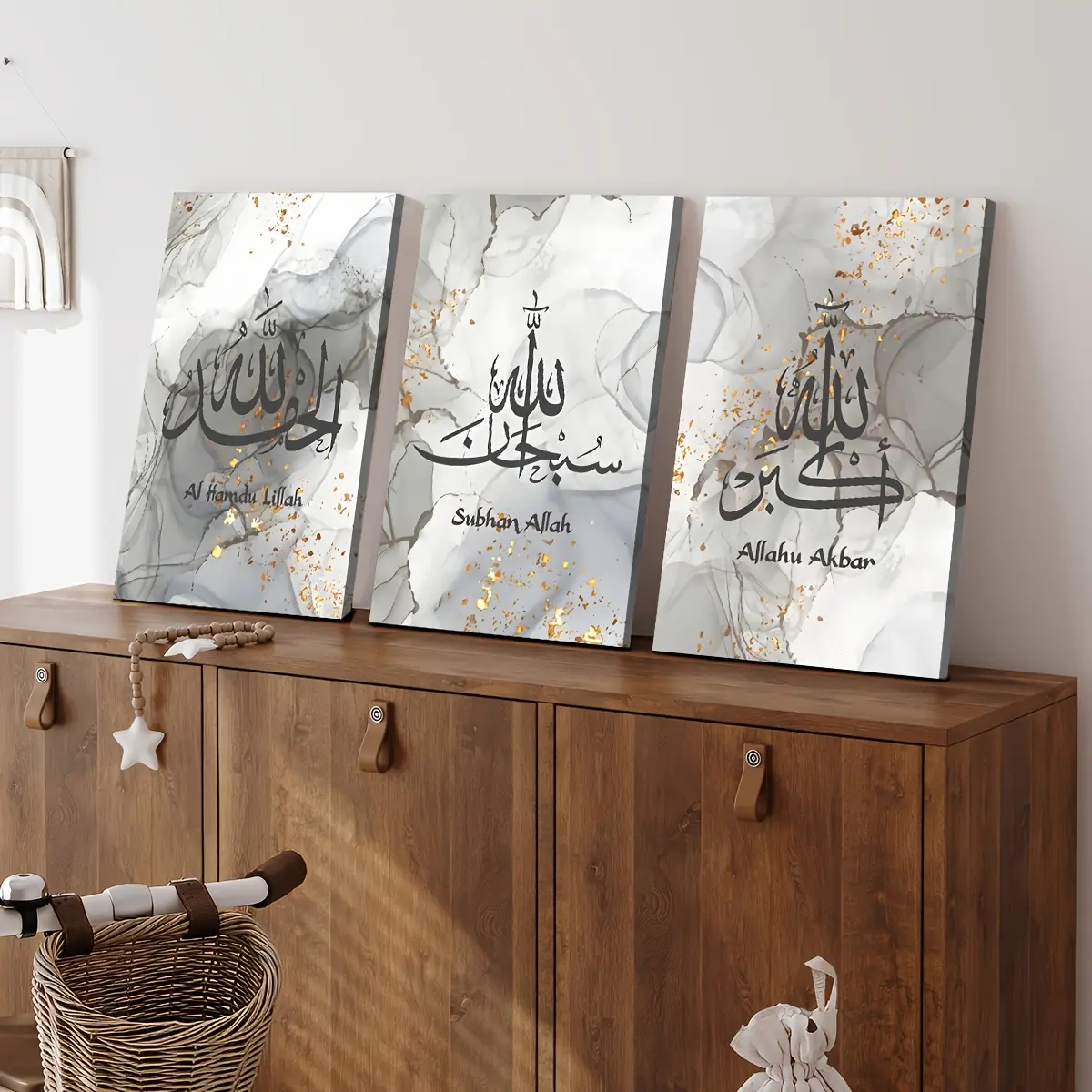 2D flat framed canvas poster, modern Arabic Islamic calligraphy art, large-sized home decor wall painting, 3-piece set, suitable for living room, bedroom, dining room, office, holiday gift, ready to hang and use