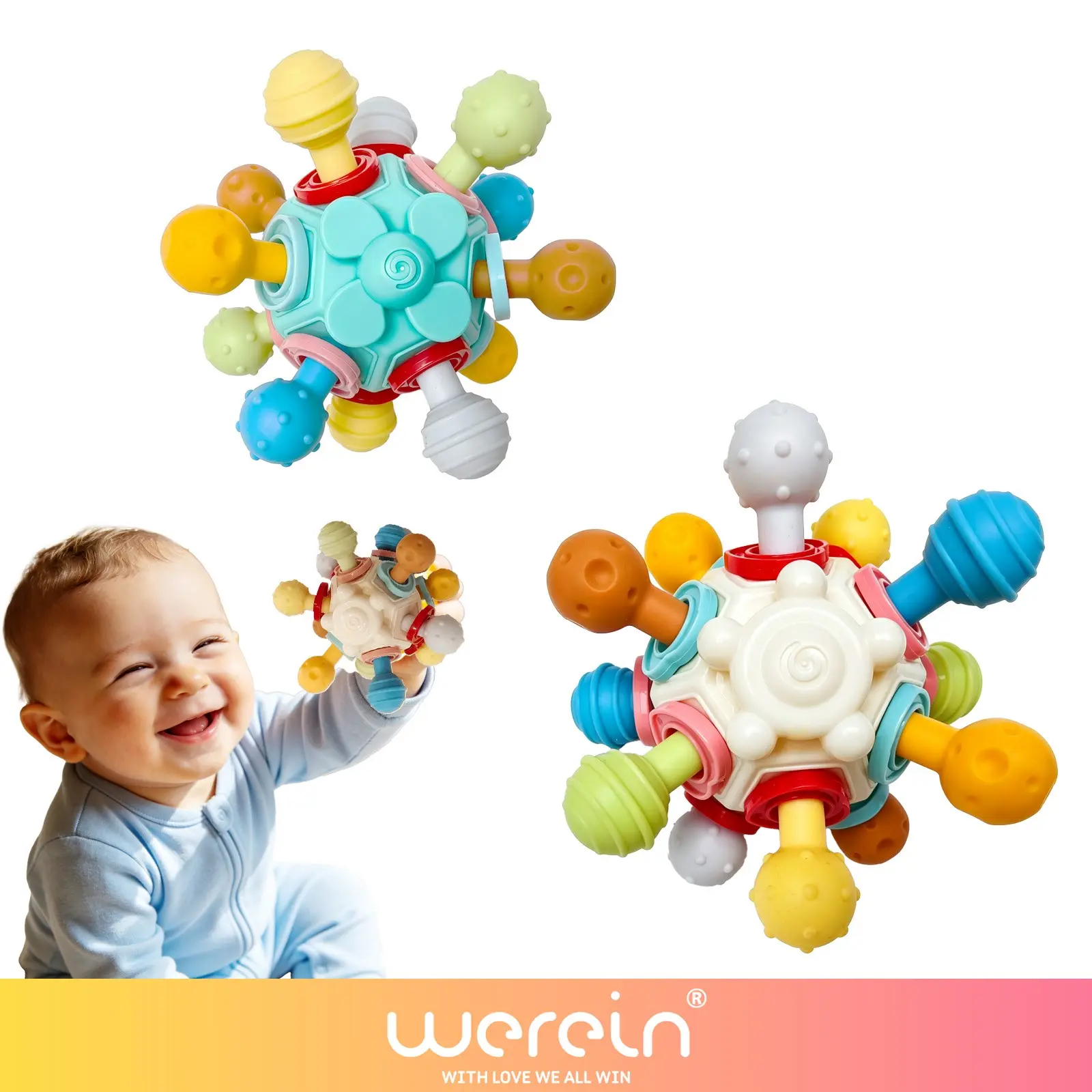 Upgraded Large Teether Ball Toy for 0+ Babies, Teething Pain Relief, Hand Strengthener, Twist & Spin Activity Toy, Boxed Newborn Gift, Baby Toy