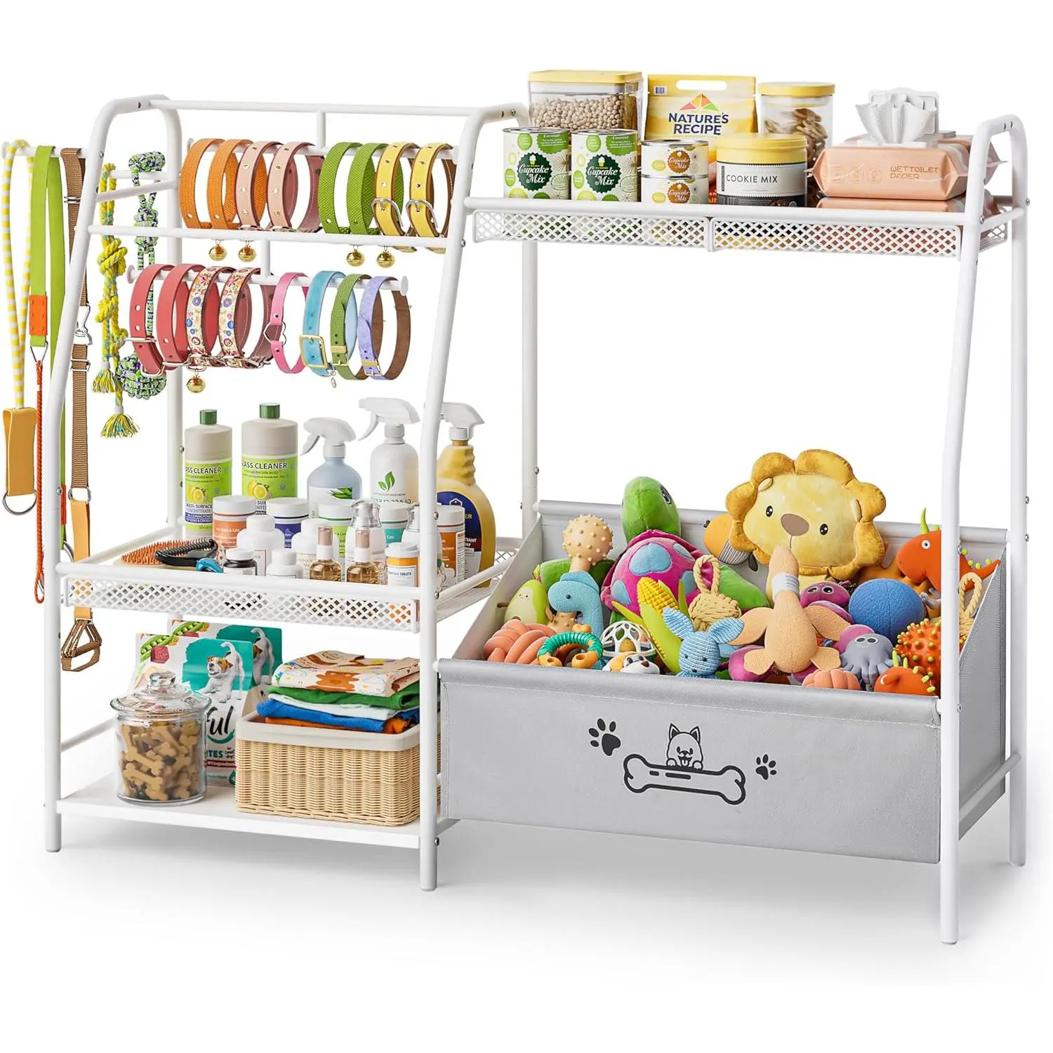 Large Dog Toy Basket with Dog Storage Organizer, Trapezoid Dogs Toy Bin Box with Collar Leash Holder Hook, Toy Holder Chest Pet Storage Cabinet for Living Room, Dogs Essentials for Pet Lovers Gift