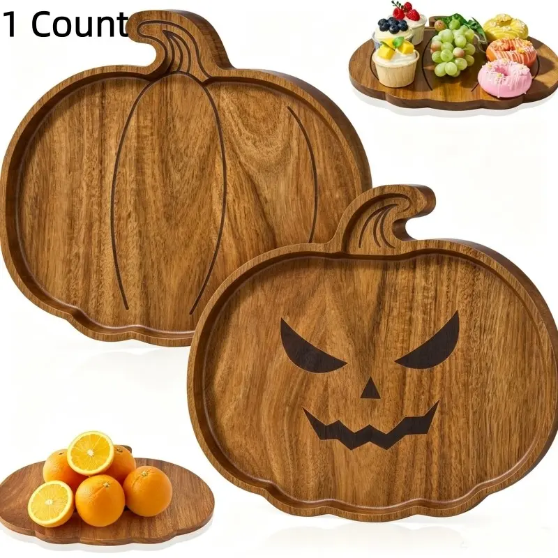 1 Count Wooden Pumpkin Serving Tray with Hand-Carved Handle Fall Harvest Charcuterie Platter for Thanksgiving Halloween Party Small Rustic Snack and Tea Tray for Snack Presentation