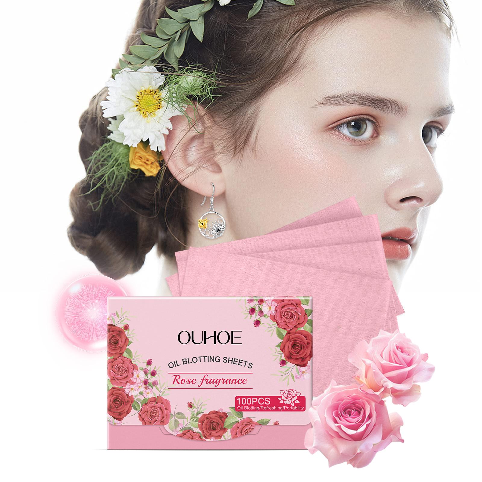 OUHOE Oil Blotting Sheets (Rose), Cellulose & Kaolin Dual Oil Control, Rose Flower Extract Beauty Care + Vitamin E Antioxidant, Brightens Skin, Makeup-Friendly No Powder Removal, Soft for Oily Skin