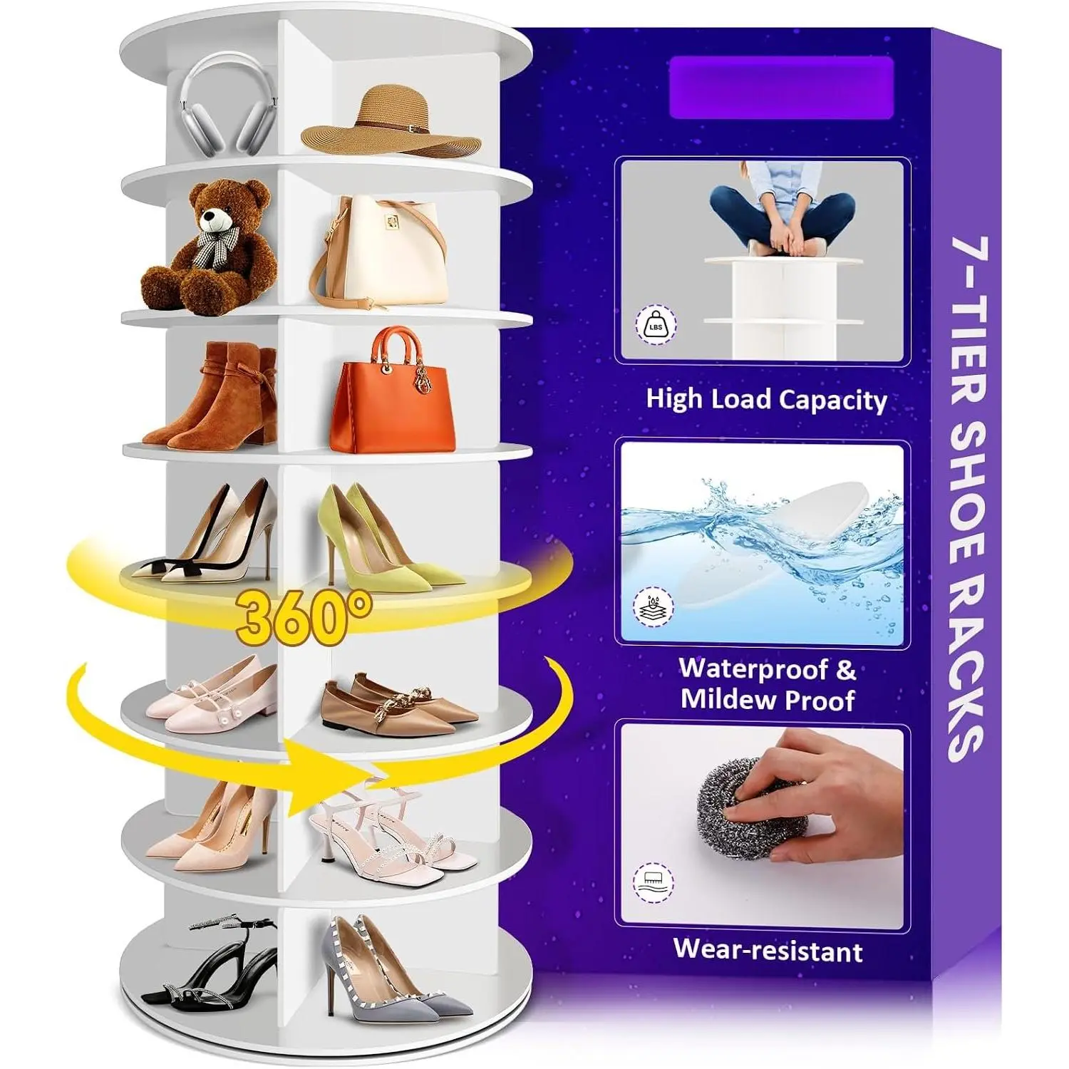 7 Tier Rotating Shoe Rack Corner Organizer 360°Rotating Shoe Rack Tower Spinning Shoe Rack Tower for Bedroom Entryway Closet Holds 28-32 Pairs of Shoes Handbags Hats Display Decor