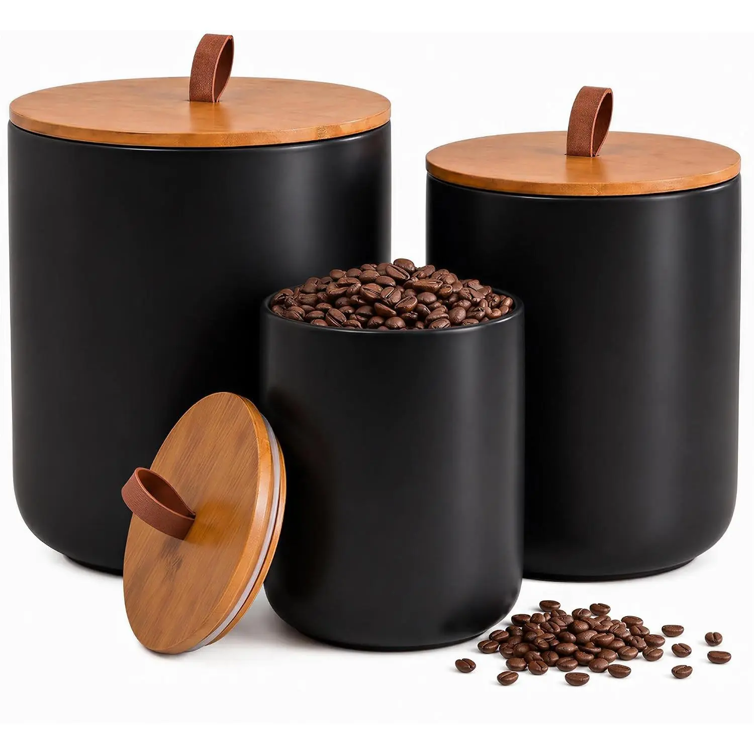 Black Ceramic  Storage Canister Set (30 oz, 48 oz, 82 oz) with  , 3- Airtight Jars for Flour, Sugar, Coffee, , Oats,  – Kitchen Storage Containers with
