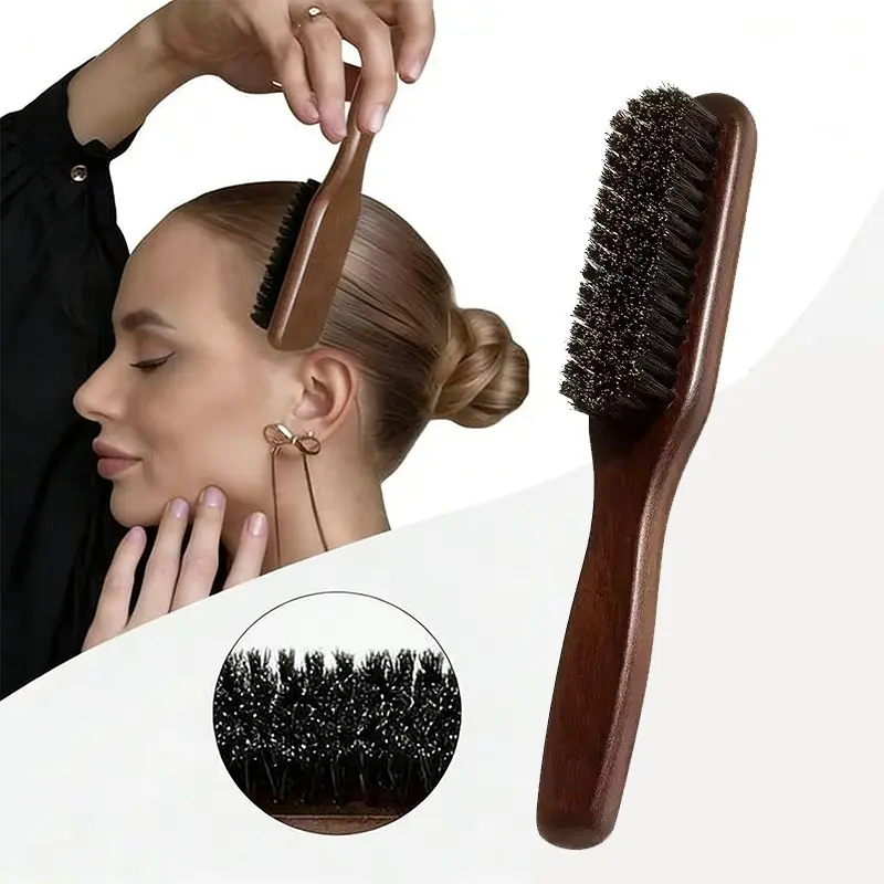 Bristle Slick Back Hair Brush, Wooden Handle Styling Comb, Smooth and Frizz-Free, Anti Frizz Brush, Ideal for Pompadour and Low Ponytail, Men & Women