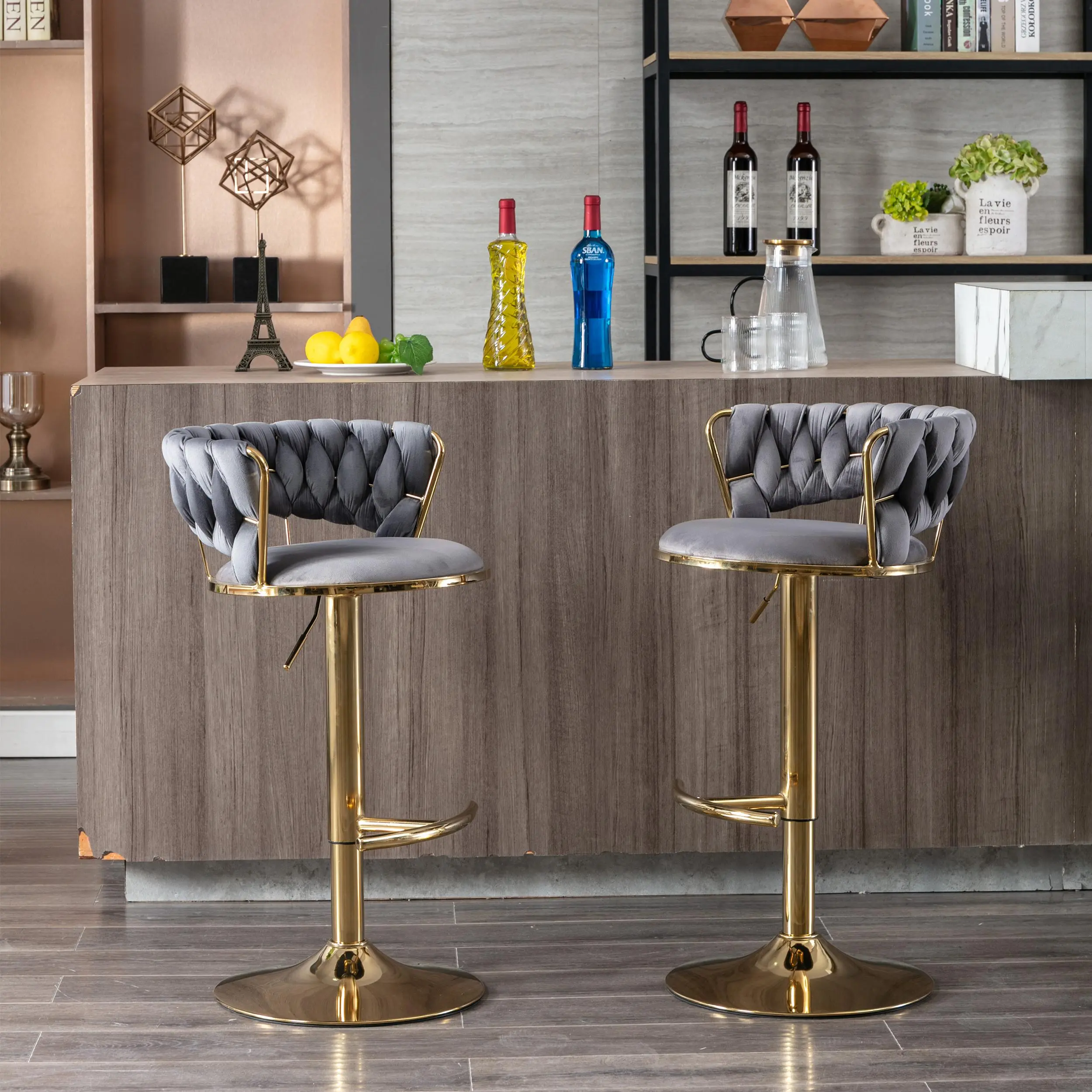Set of 2 Gray Fabric Bar Stools with Chrome Footrest and Base, Swivel Height Adjustable Armless Bar Stools for Home Bar and Kitchen Island