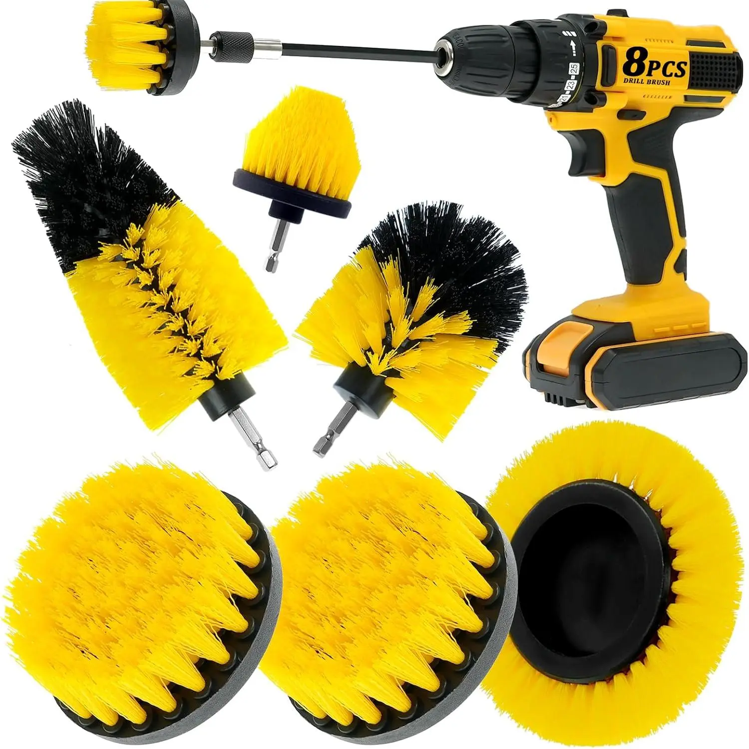 8 count Drill Brush Attachment Set, Power Cleaning Scrub Brush Kit with Extend Long Attachment,  Purpose Drill Scrub Brushes for , Grout, Floor, Tub, Bathroom and Kitchen (Yellow)