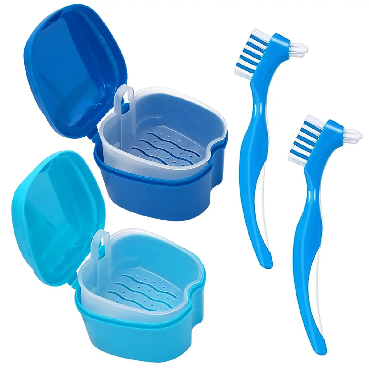 Denture Cleaner Box and Brush Set 2 Pack Portable Denture Retainer Storage Box False Teeth Brushes for Oral Care (Light and dark blue)