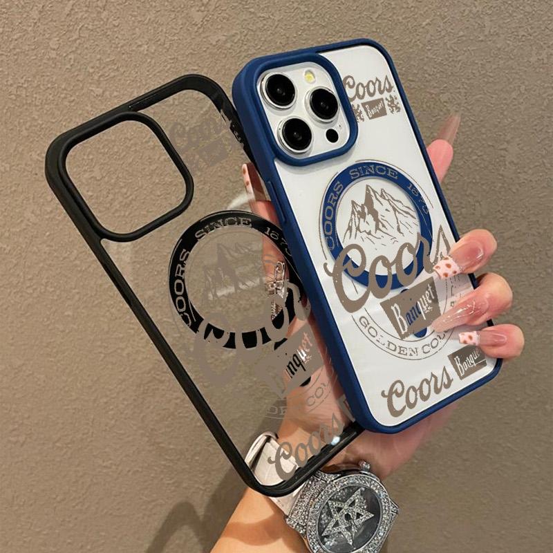Vintage COORS Letter Pattern Premium Magnetic Phone Cases for iPhone 16 15 14 Pro Max 13 12 11 Plus Smartphone Shockproof Protection Acrylic Cover Cellphone Protective magsafe magnetic case Aesthetic Resistance Casing Protector Silicone White