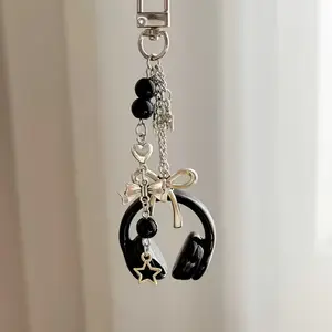 High-Style Earphone Bracelet, Silver Star Butterfly Knot Bead Pendant, Sweet & Bold Accessory, Trendy Music Theme Jewelry, Couple Style