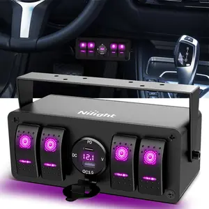 Nilight 4 Gang Rocker Switch Box 12V SPST ON Off Toggle Switches PD Type C and QC 3.0 USB Sockcet Voltmeter Purple LED Light Waterproof Aluminum Mount Bracket Panel DIY Stickers for Boat Car RV Truck