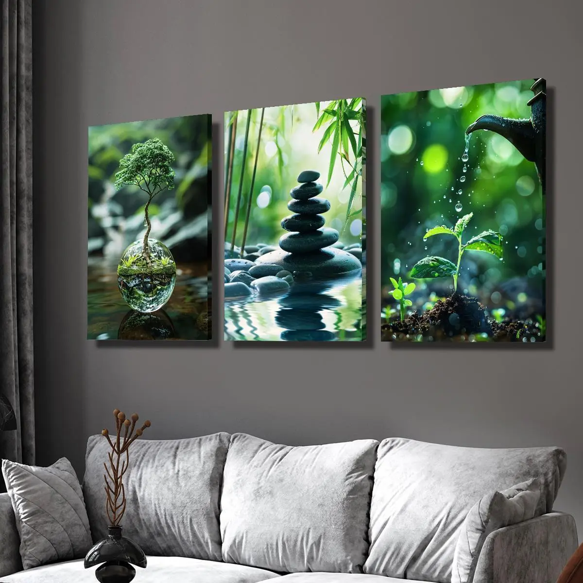 08*12in 3-Piece Modern Classic Nature Art Print Set - Tree, Rock, Bud, Bamboo, Water Themed Abstract Wall Decor, Ready to Hang for Living Room Indoor Walls, Gift Idea for Thanksgiving, Christmas, Multi-Size Home Decor Poster, 08*12In*3Pcs