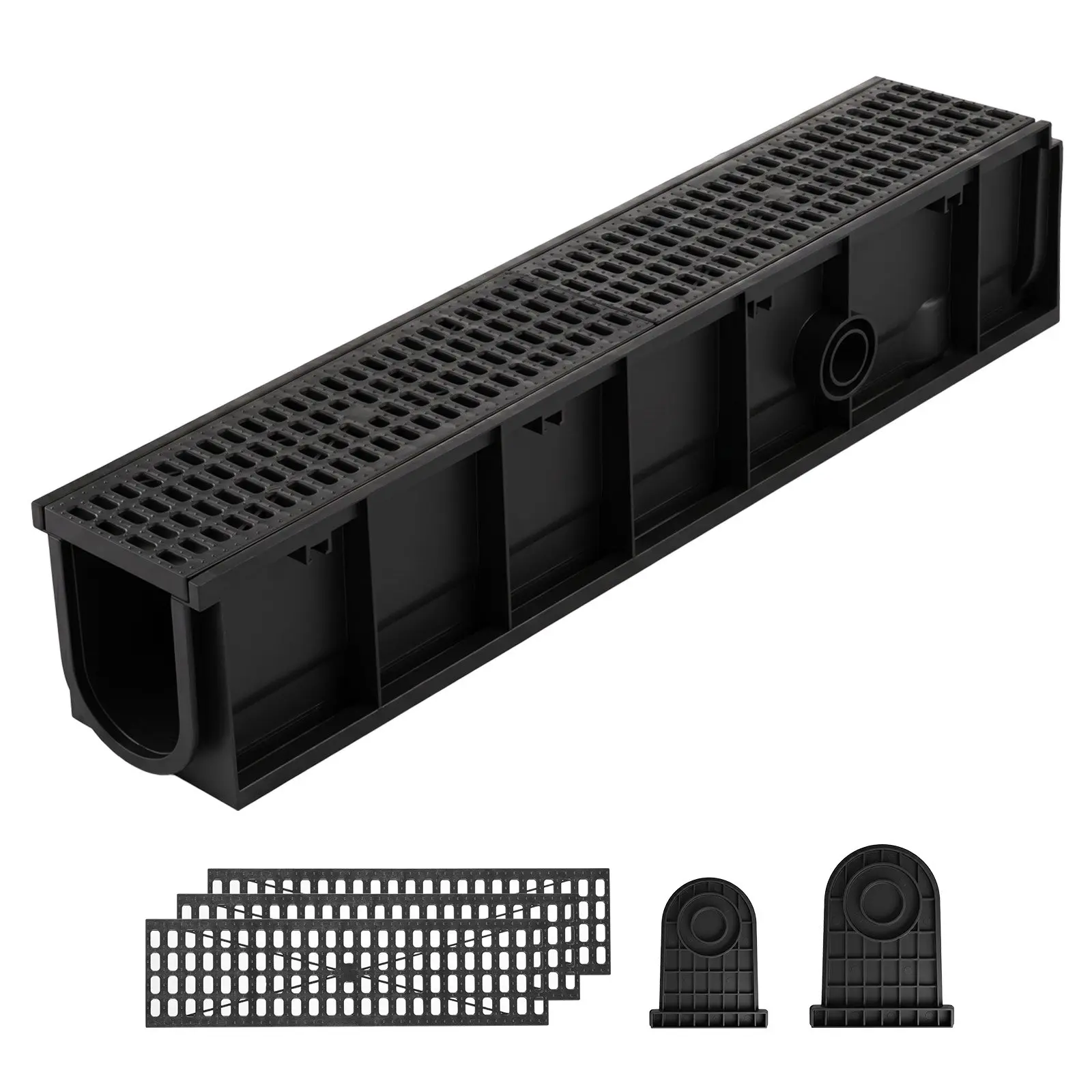 【DealsForYouDays】VEVOR Trench Drain, 40.1x 6.1x 8.0 in, 4 Pack Linear Drainage Channel, HDPE Channel Drain with Grates End Caps, Premium Outdoor Drainage System for Driveway, Patio, Pool, Garden, Yard, Black