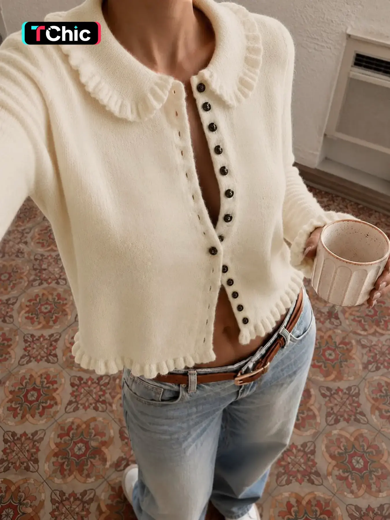 Women's French Ruffled Peter Pan Collar Single-Breasted Long Sleeve Fall Winter Soft Comfortable Simple Vintage Fashion Versatile Knit Cardigan – Street Exploring, Date & Photoshoot Wear