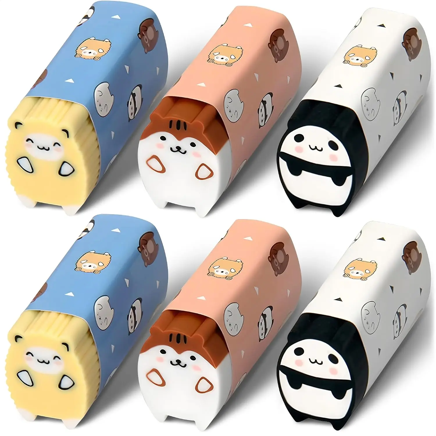 Kawaii Rubber Erasers Bulk Pack of 6 - Cute Styles with 3 Designs (Black, Yellow, Brown), 1.89in Long, for Pencil Use & Clean Writing (Office Stationery Correction Tool), Long Size