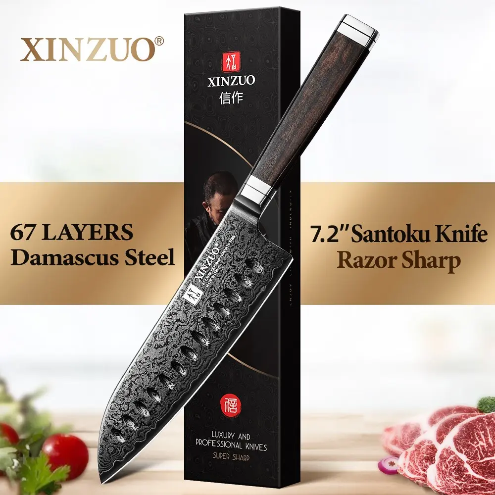 XINZUO High Carbon Steel 7.2 Inch Santoku Knife, 67 Layers Damascus Steel, 12Cr18MoV Core, Ebony Wood Handle, Handmade By Artisans, Kitchen Tool