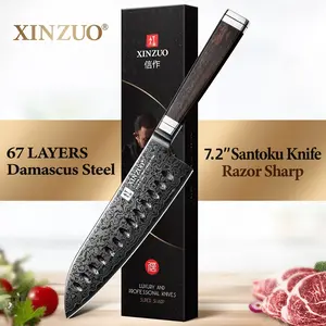 XINZUO High Carbon Steel 7.2 Inch Santoku Knife, 67 Layers Damascus Steel, 12Cr18MoV Core, Ebony Wood Handle, Handmade By Artisans, Kitchen Tool