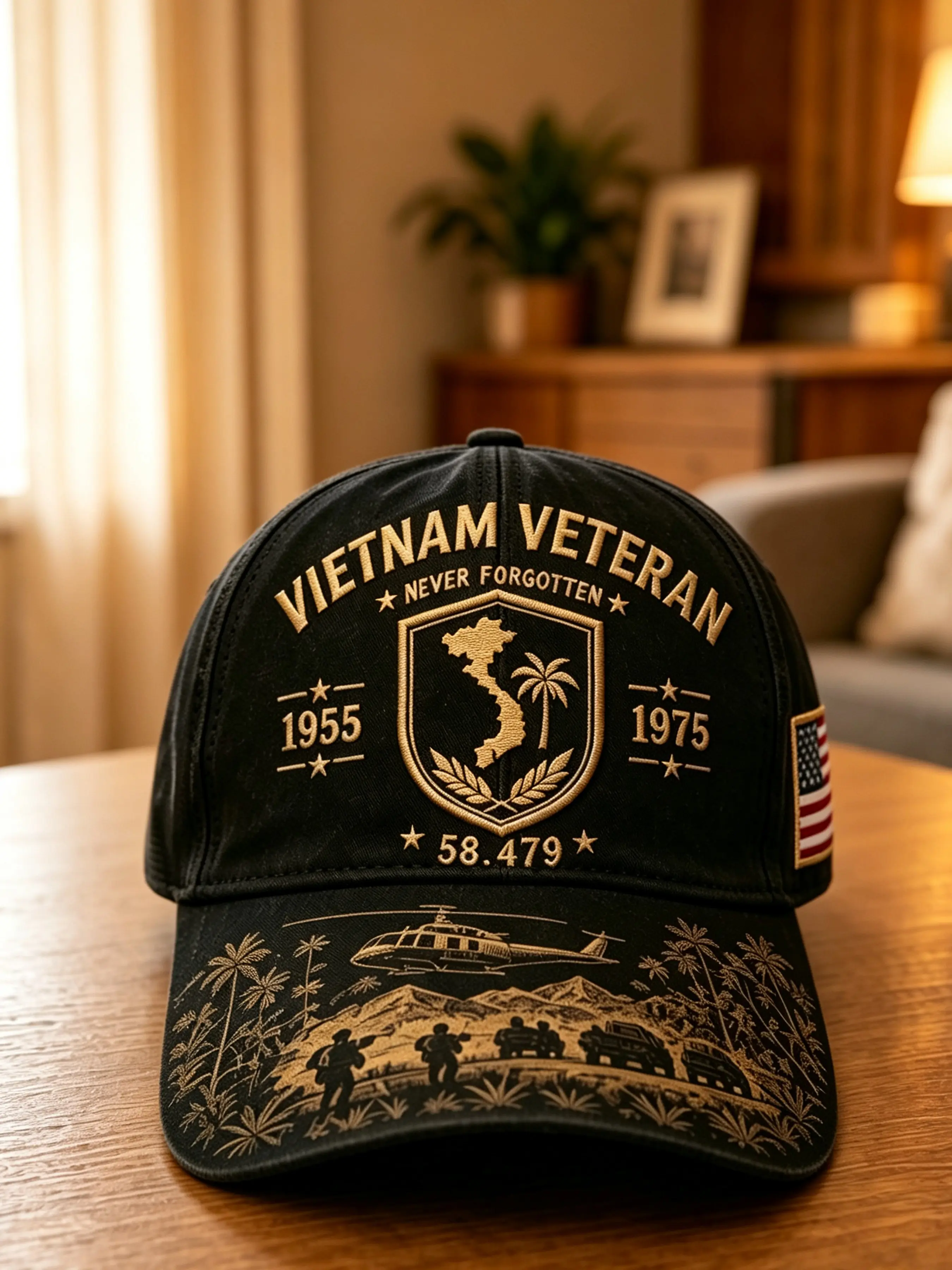 Vintage Vietnam Veteran Baseball Hat, 1955-1975 Historical Print, Washed Vintage Dad Hat with American Flag, Patriotic Military Style Cap