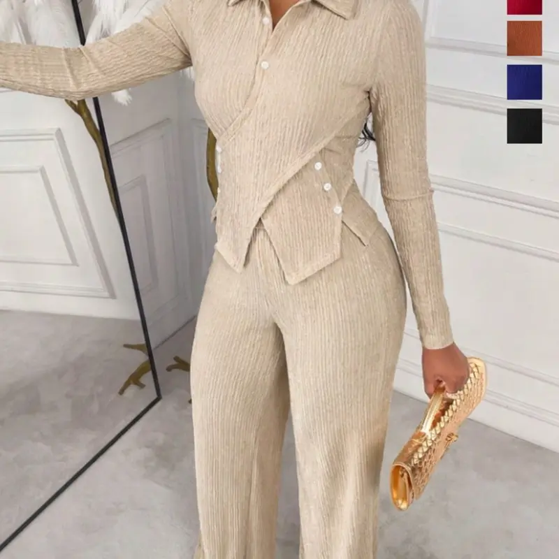 Autumn & Winter Women's Knit 2-Piece Set, Asymmetrical Long Sleeve Collar Top, High Waist Wide Leg Pants, Casual Elegant Style