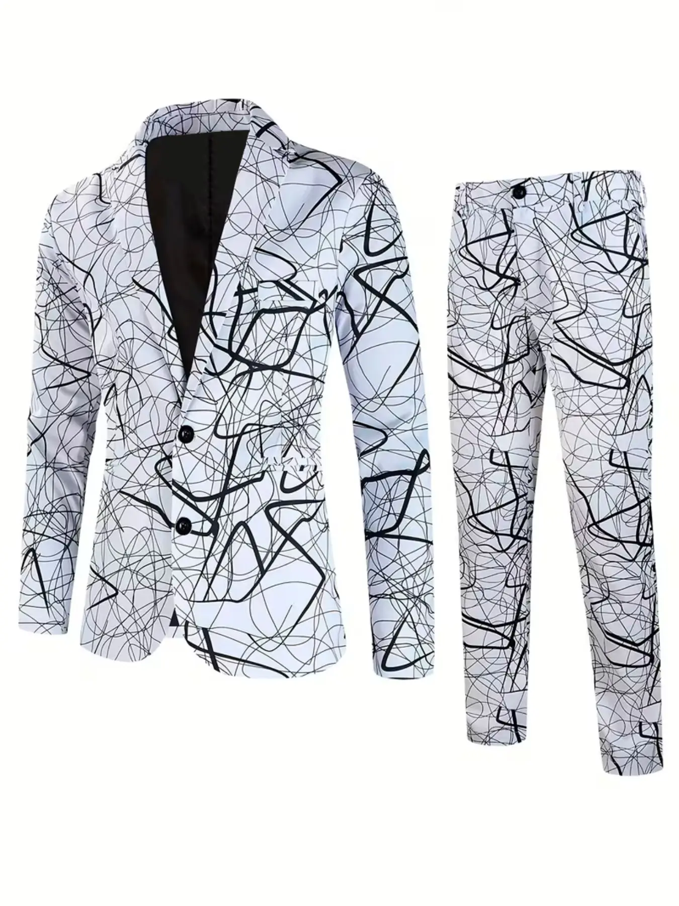 Men's Two-Piece Blazer Set, Abstract Graffiti Print, Slim-Fit Long Sleeve Jacket & Pants, Casual Artistic Party, Ankle-Length