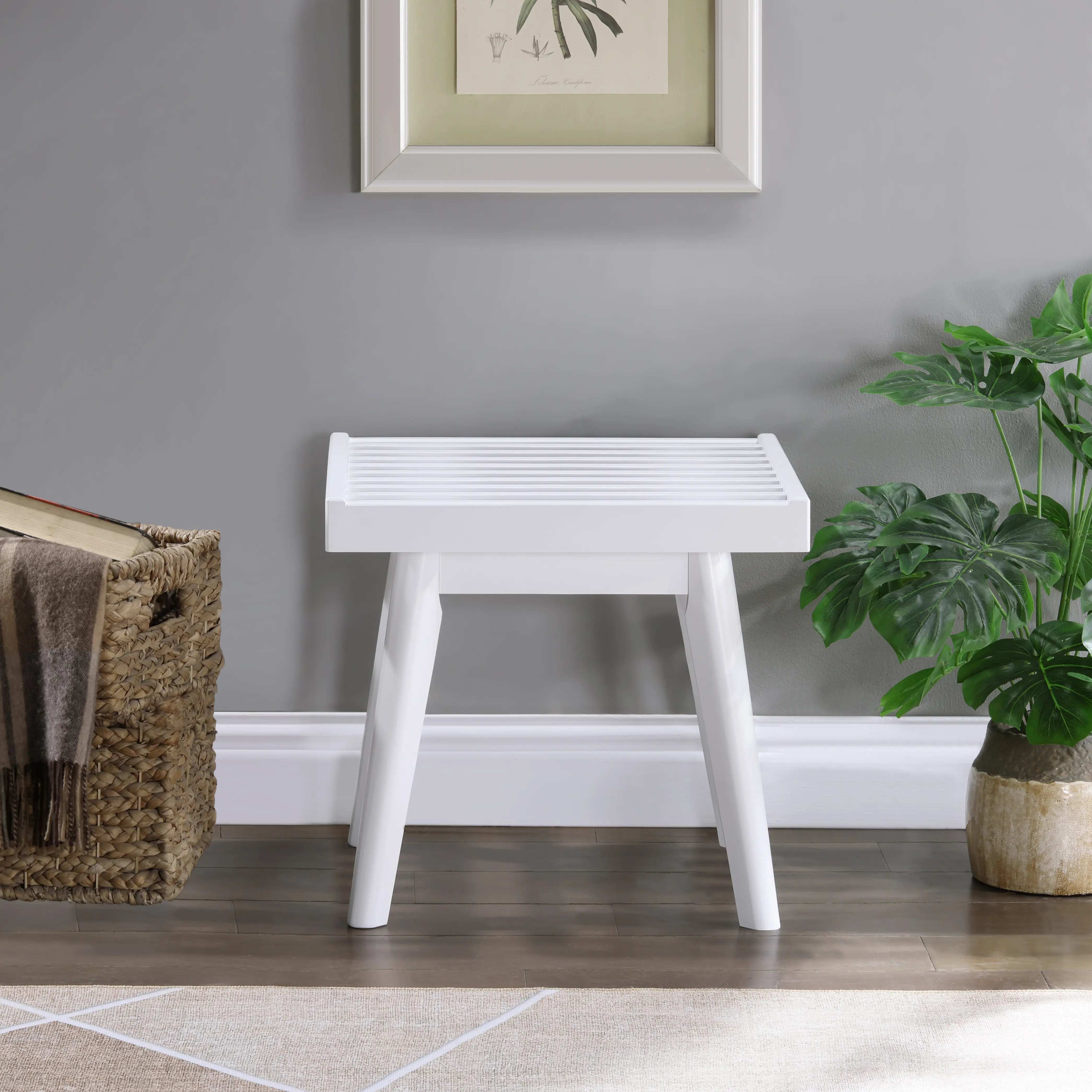 Nokaa Solid Wood Slatted Bench 19in White Farmhouse Entryway Bedroom Dining Room Seating Sturdy Tapered Legs New Zealand Pine Minimalist Indoor Bench for Living Room Hallway Mudroom Compact Space, White Color, Wood Material