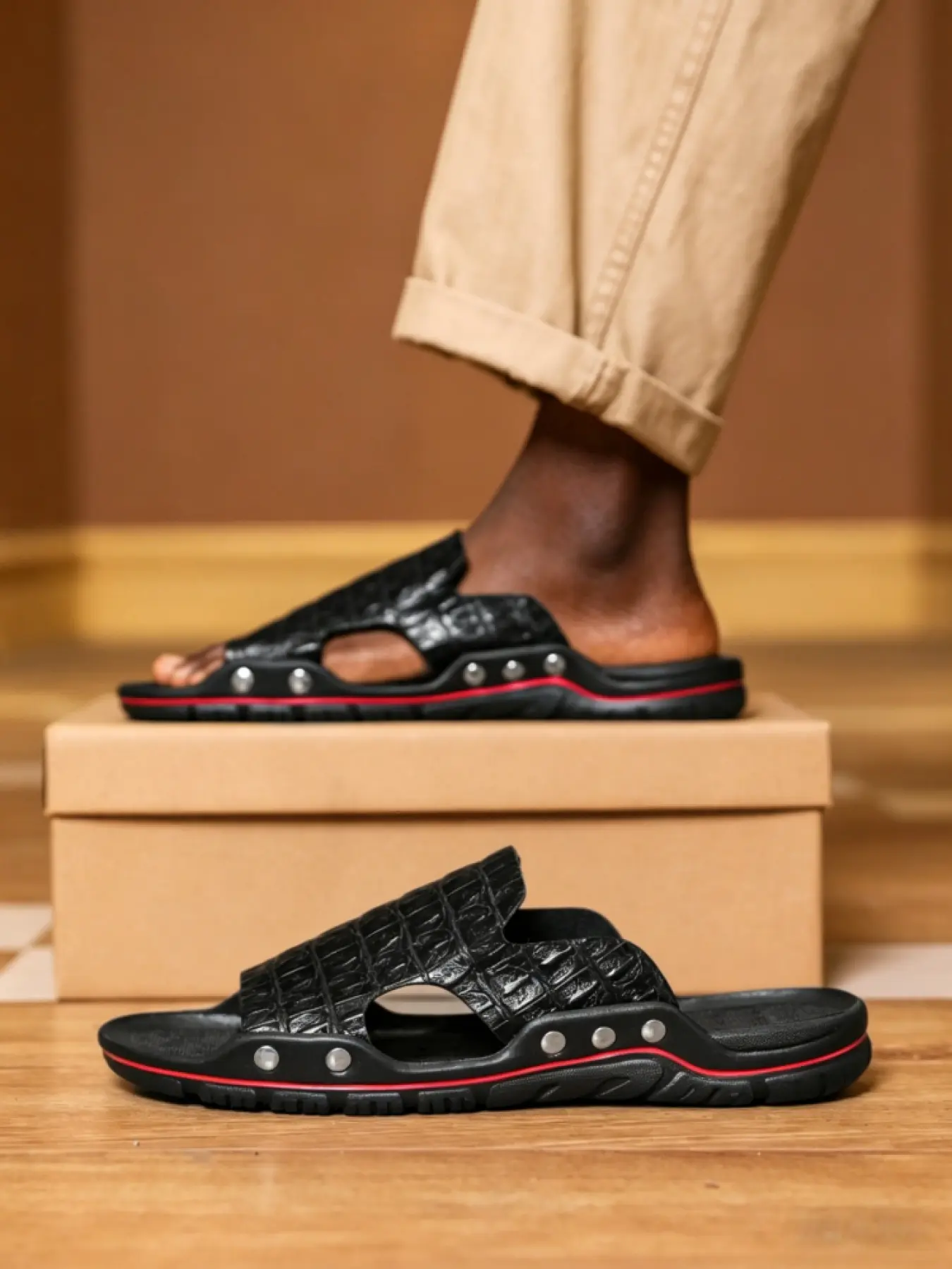 Men Slides With Croc Pattern Upper Soft Midsole Elastic Grippy Outsole Shock Absorb For Home Leisure Summer Outdoor Trips
