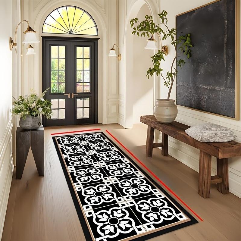 1pc of Black And White Floral Geometric Pattern Vintage Style Kitchen Rug, Hallway Carpet, Long Runner, Soft And Durable, Machine Washable And Easy to Clean,  Non-Slip Backing, Suitable for Kitchen Mats