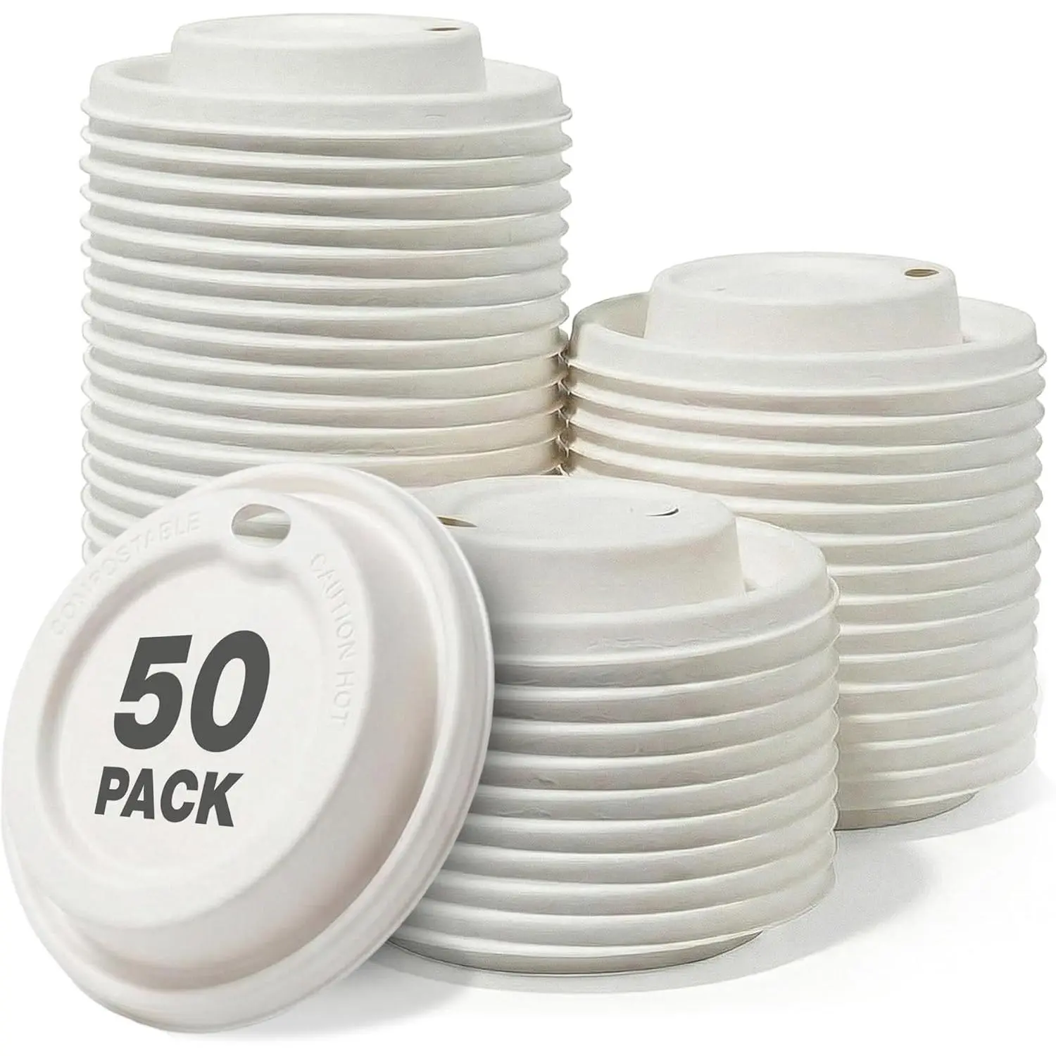 Compostable Coffee Cup  50 Pack -  Bagasse Coffee  for 12oz Cups - Disposable  Free  Based Lid -  Hot Drink Lid - Leak Proof White