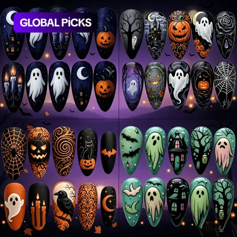 120pcs Short Almond Halloween Ghost Press-On Nails, Glossy Fake Nails Full-Coverage Removable False Nail Set, Perfect for Women's Daily Use & Party Events #GLOBAL PICKS