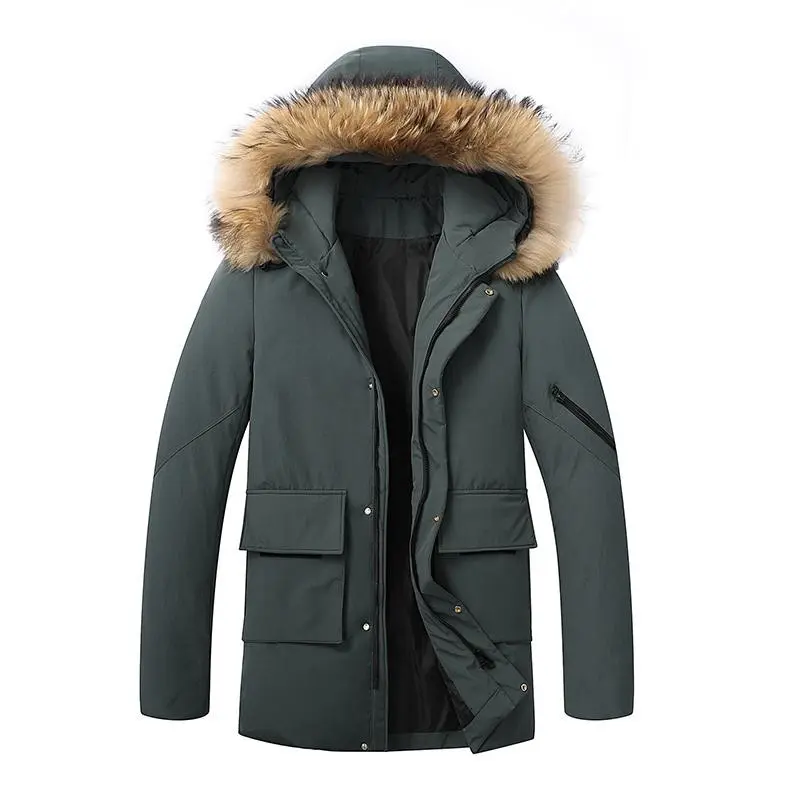 Men's Thickened Mid-Length Hooded Warm Winter Outdoor Casual Zipper Multi-Pocket Mountain Jacket with Fur Collar Coat