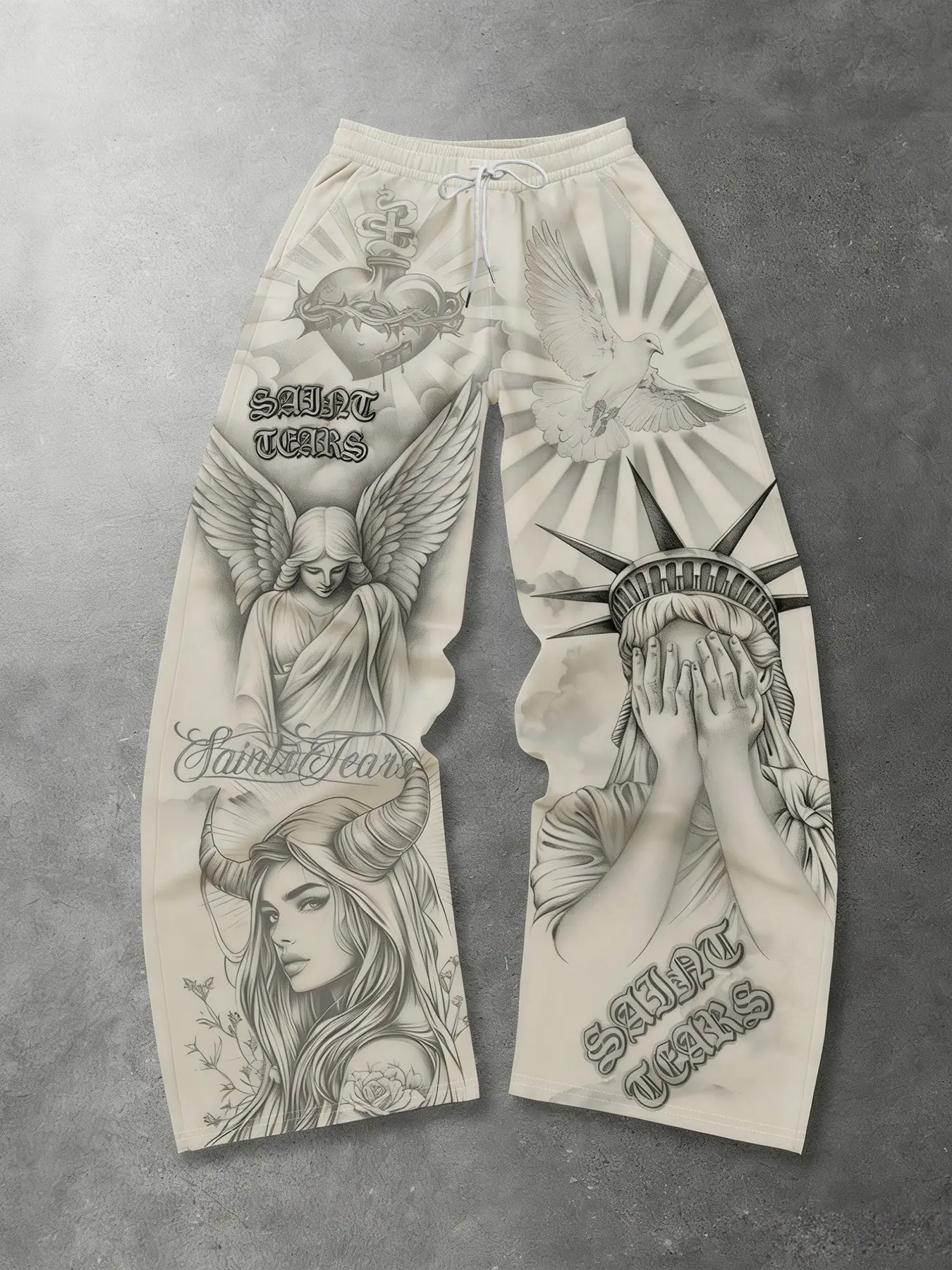 Men's Cream Base Saint Tears Angel Demon Girl Dove Sacred Heart Old School Tattoo Full Print Drawstring Wide Leg Pants, Loose Baggy Street Fit, Soft Woven Fabric, Side Pocket Design, Vintage Religious Gothic Y2K Hip Hop, Aesthetic