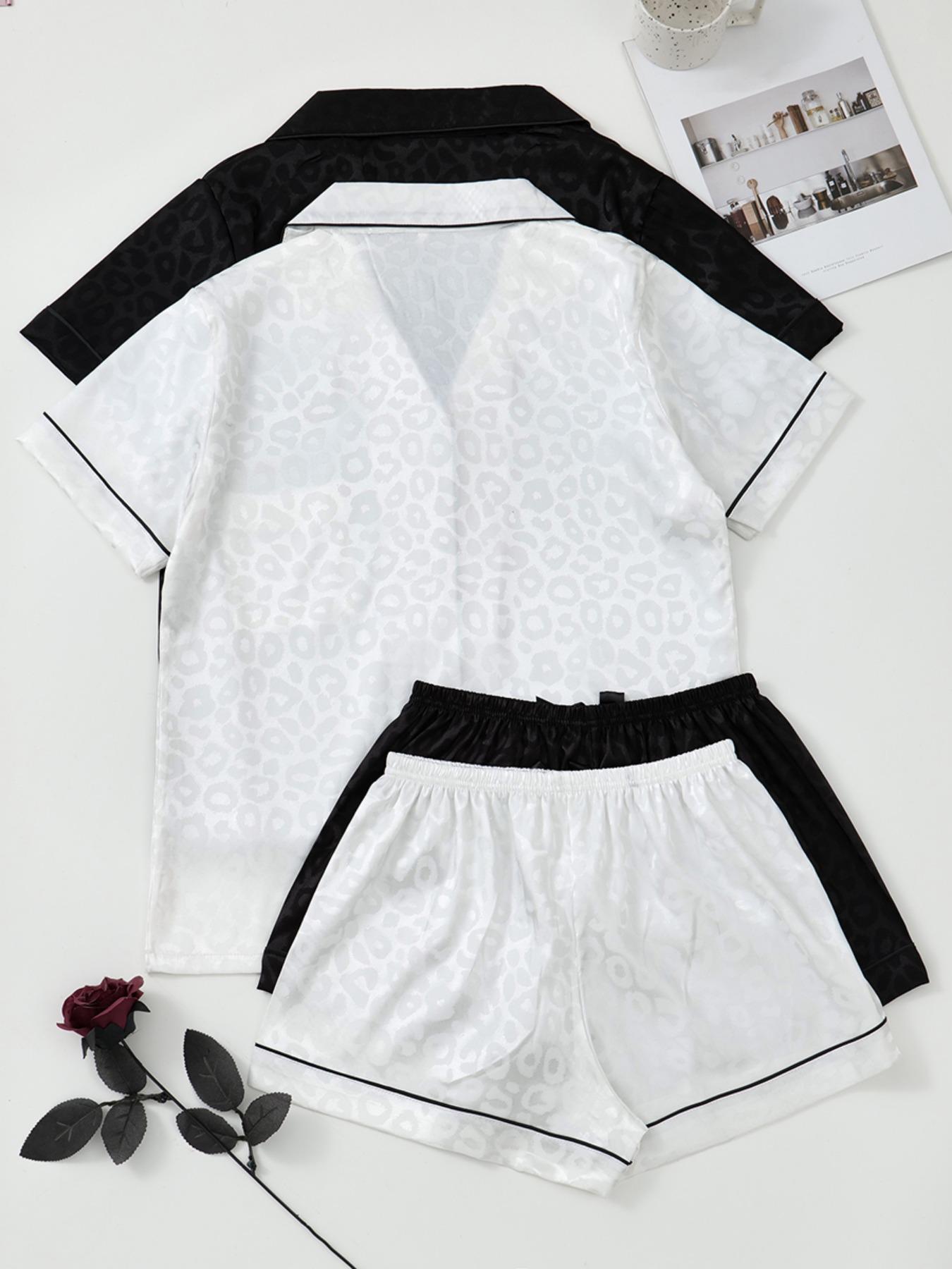 Women's Leopard Print Contrast Trim Lapel Neck Pajama Two-Piece Set, Comfort Loungewear PJ Set, Short Sleeve Button Up Top & Shorts PJ Set, Casual Sleepwear Set for Women