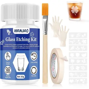 WANJAO 80g Glass Etching Kit, Frosted Glass Etching Kit Long-Lasting Creative Etch Creating Matte Glasses Effect with Stencil Gloves Paper Tape for Glasses Mugs Jars Mirrors Mother Day