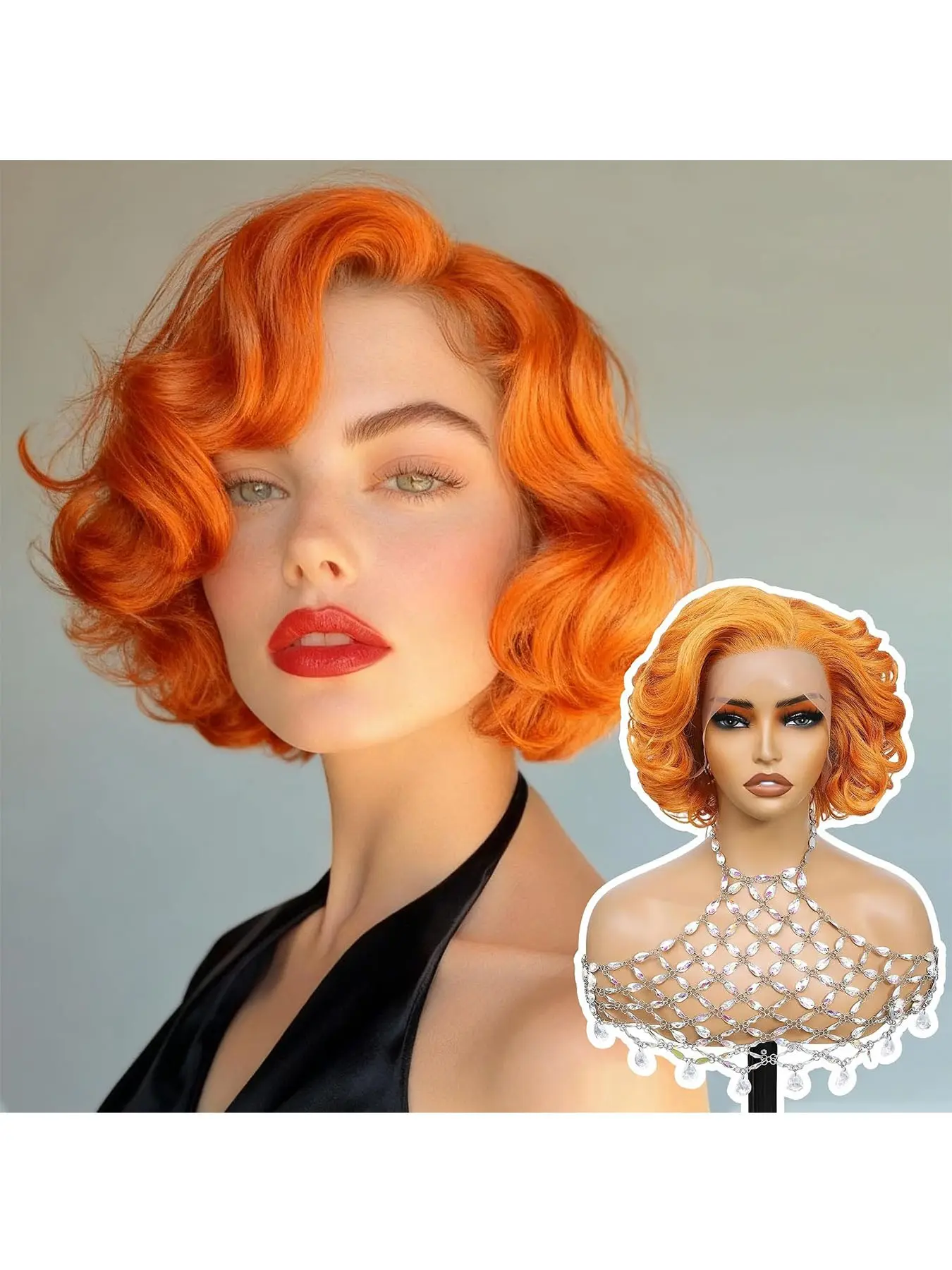 [Super Deal] Short Bob Wig Ginger Orange Loose Body Wave Synthetic 13x4 Lace Front Wigs Heat-Resistant Hair 200% Density 13x4 HD Transparent Lace Front Wigs Pre Plucked Hairline Suitable To Wear On Daily Or Holiday Occasions Wig