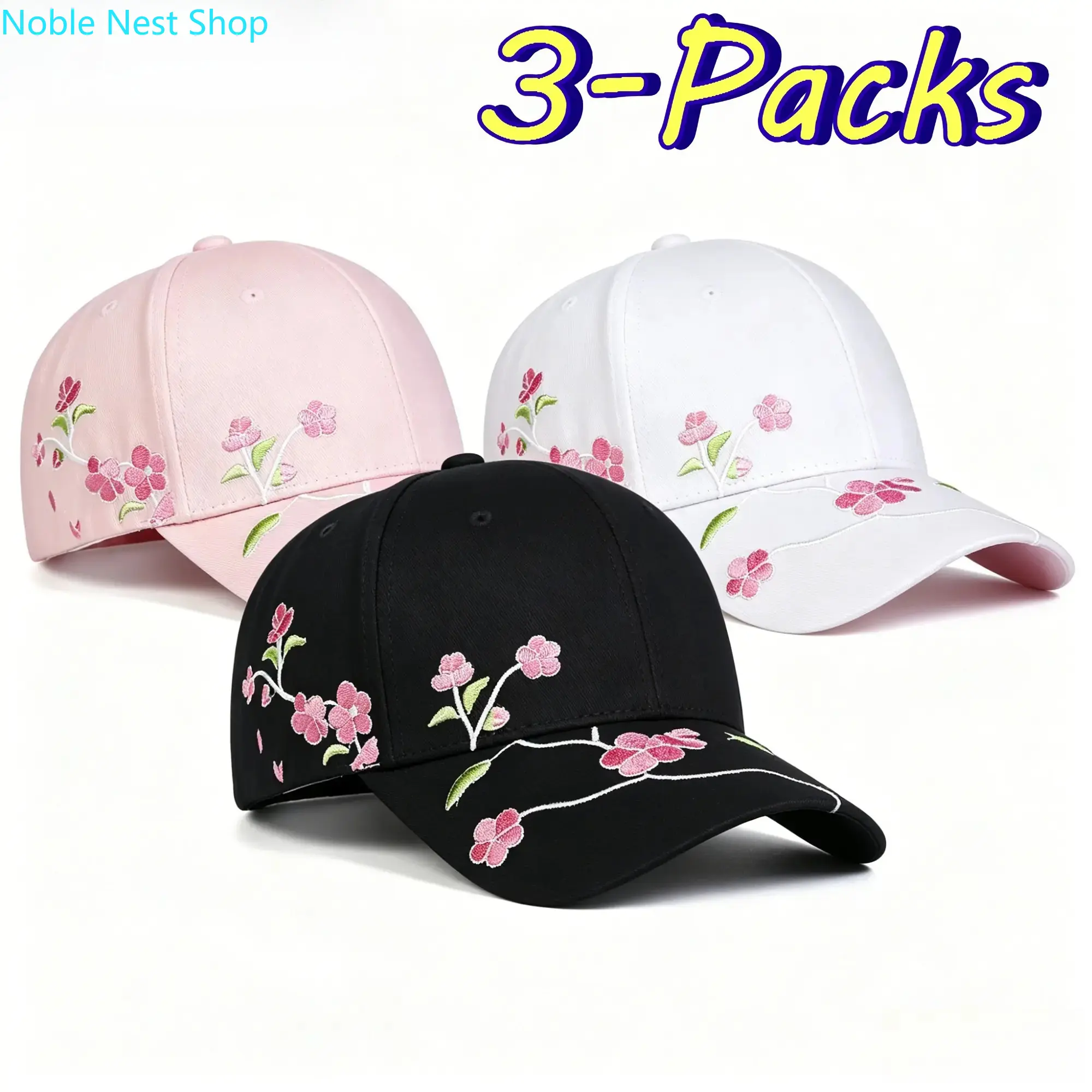 3 Pack Women’s Peach Blossom Embroidered Dad Hat, Adjustable Lightweight Breathable Sun Cap, Casual Baseball Headwear for Spring Summer Travel Outdoor Daily Wear