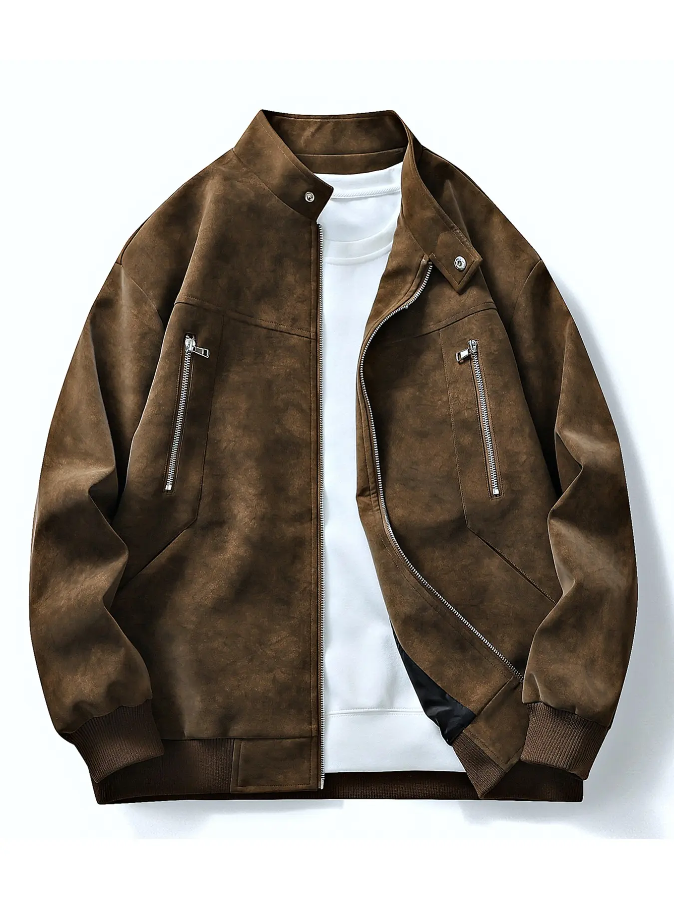 New Spring Men's Bomber Jacket Coat, Casual Workwear Fashion Retro Vintage Top, Fitted Plain Long Sleeve Outerwear, No Padding, 88.2 G/m² Weight