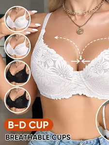4-Pack Lace Push Up Bras, Sexy Plunge Cleavage, Comfort Everyday Underwear, B-D Cup, Medium Support, Slim-Fitting, All Seasons