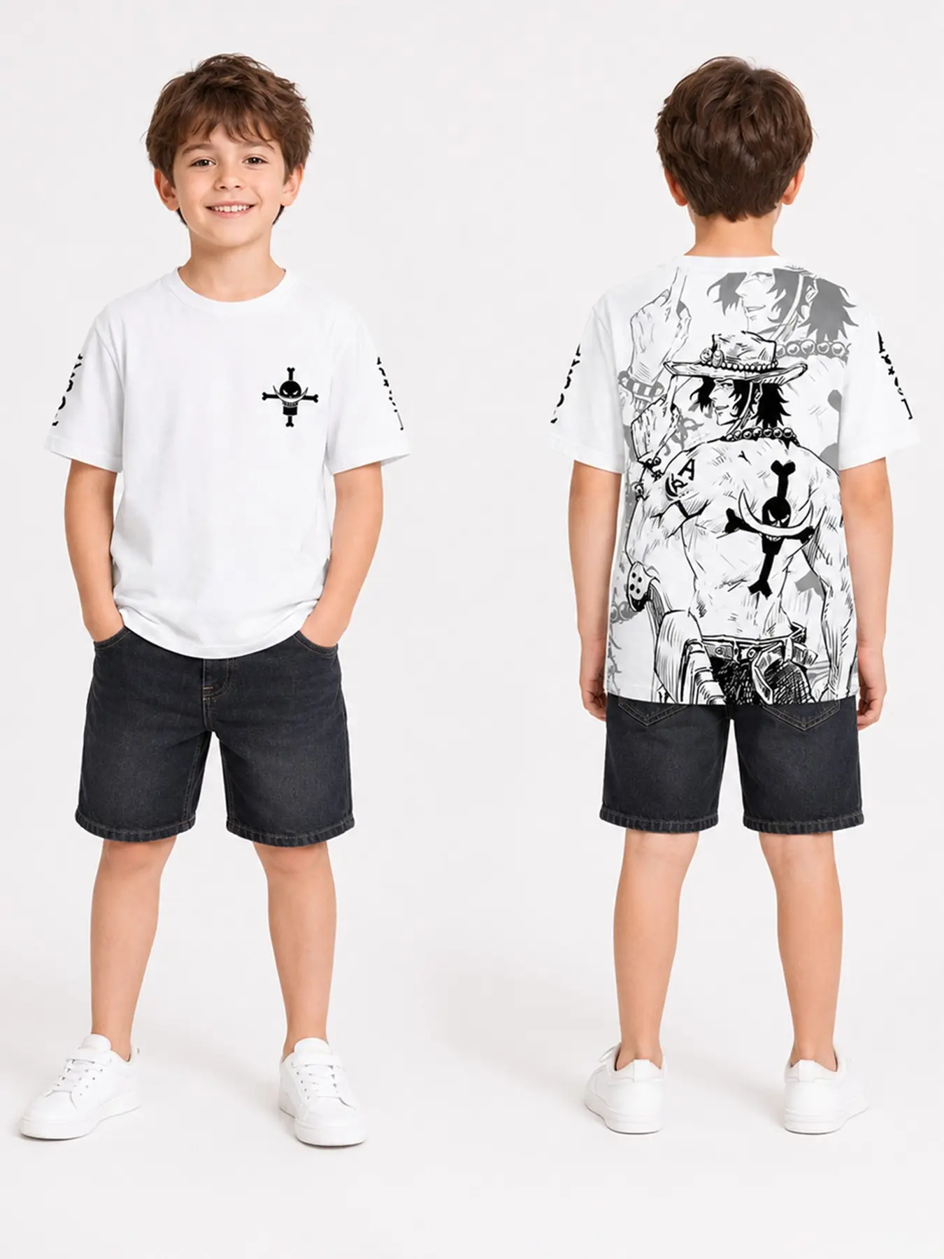 Anime One Piece Official Summer New T-Shirt, Luffy Cartoon 3D Print Round Neck Fitted Top, Street Style Short Sleeve for Kids 6-14 Years