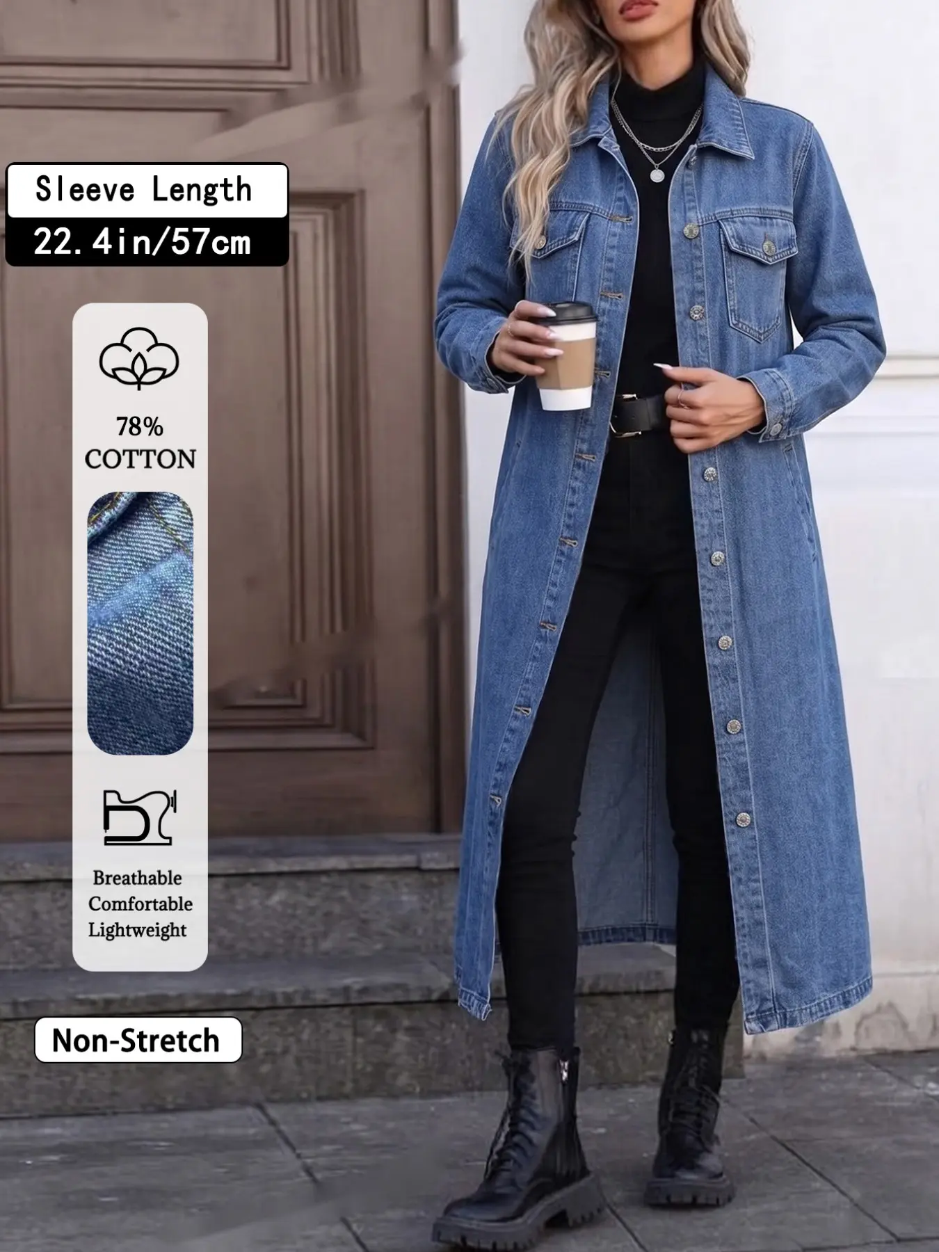 GILIPUR Women Long Denim Trench Coat Lapel Button‑Front Maxi Length Non‑Stretch Classic Jean Jacket Overcoat TChic