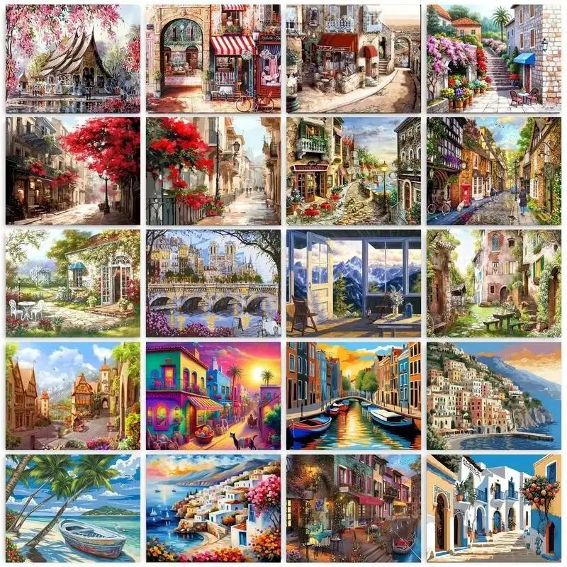 Framed Aesthetic Paint by Numbers Kit, 16x20in (40x50cm) Stretched Canvas for Adults, DIY Acrylic Oil Painting Supplies, Cozy Coastal Village Scenery, Vintage Wall Decor, Relaxation Art Gift