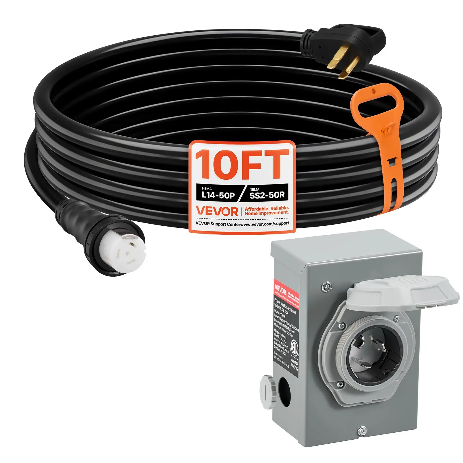 VEVOR 50 Amp Generator Cord and Power Inlet Box, 10FT, 125V/250V STW 6/3+ 8/1 AWG Extension Power Cord, NEMA 14-50P to SS2-50R, Twist Lock Connector, Inlet Box Kit, for Generator to House, ETL Listed