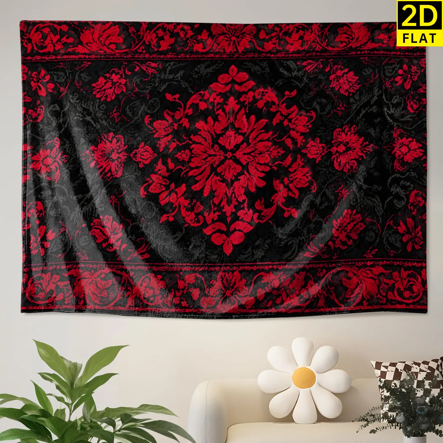 Black-Red Victorian Damask Floral Print Tapestry - Large Horizontal Colorfast Hippie Chic Polyester Wall Decor, No-Installation Gift Ideas for Living Room, Indoor-Outdoor Use
