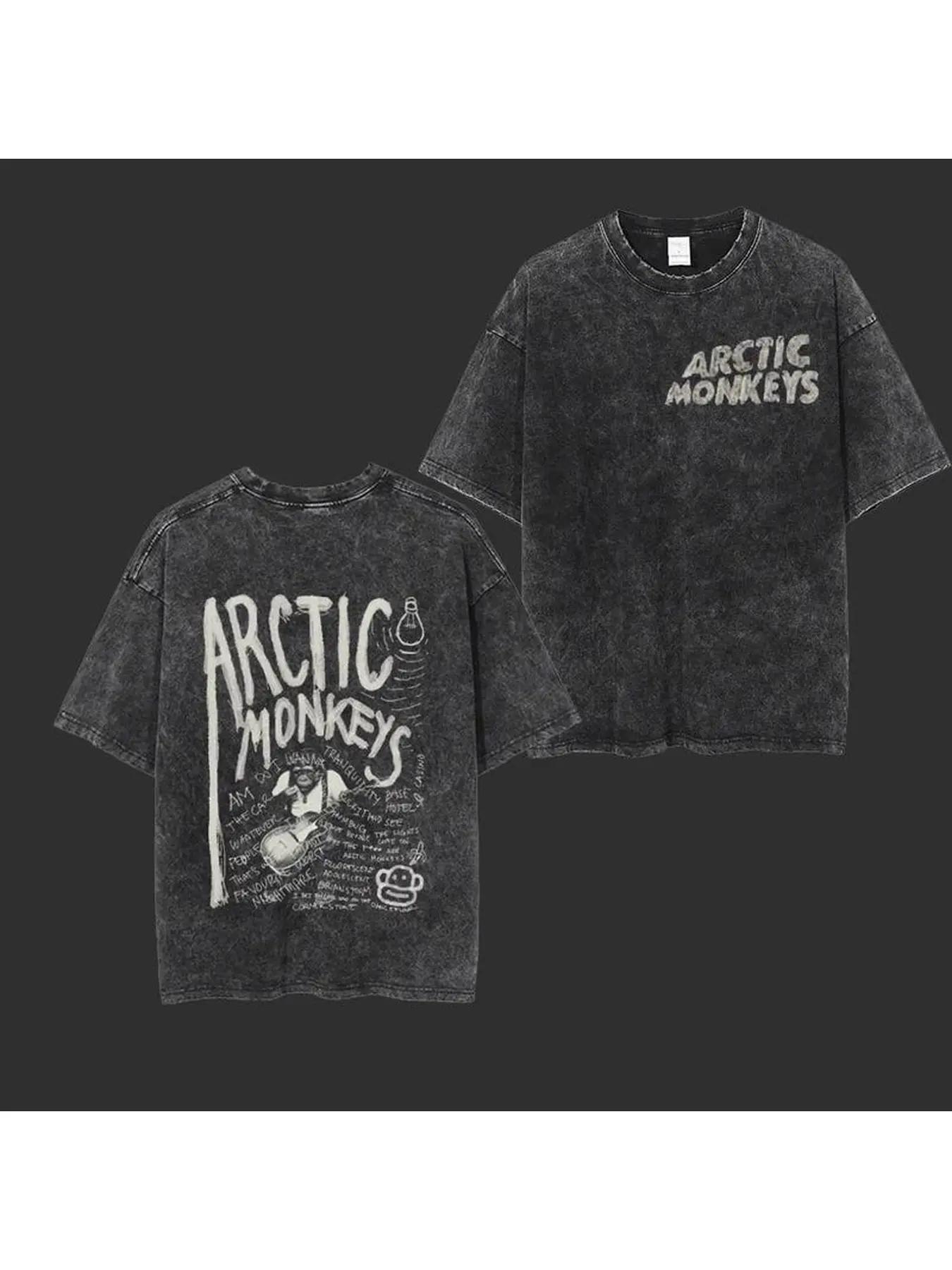 Arctic Monkeys Front Back Graphic T-Shirt Vintage Washed Black Oversized Band Tee, Perfect Gift Cool Shirts,Graphic Washed Oversized Tees for Men & Women,Summer Round Neck Short Sleeve ,Sports Shirt,Workout T-shirt