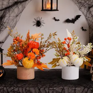 1pcs Autumn Pumpkin Planter, Harvest Festival Artificial Berry Maple Leaf Floral Arrangement, Halloween Desktop Decorative Item