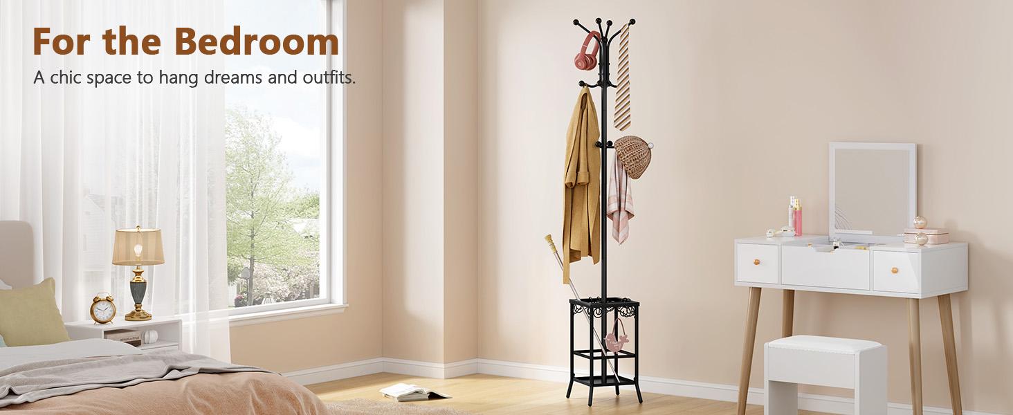 Coat Rack Freestanding, Coat Tree with Umbrella Holder, Metal Coat Rack Stand with 12 Hooks, Standing Coat Hanger Stand, Umbrella Stand for Entryway, Hat Rack Stand for Home Office, Black